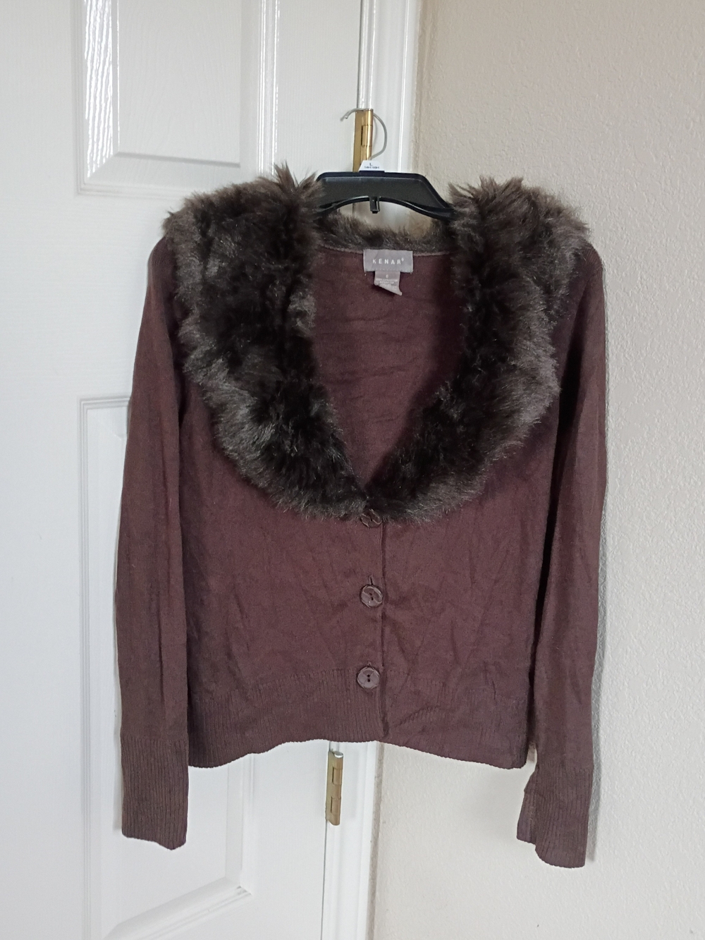 Kenar Brown Button-Up Cardigan with Faux-Fur Collar